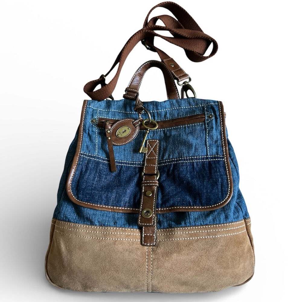 Fossil Denim and Tan Leather Satchel